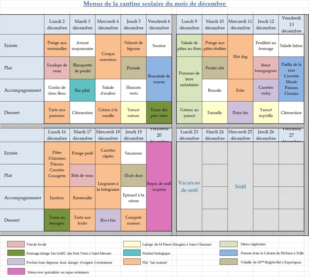 Menus restaurant scolaire décembre 2024